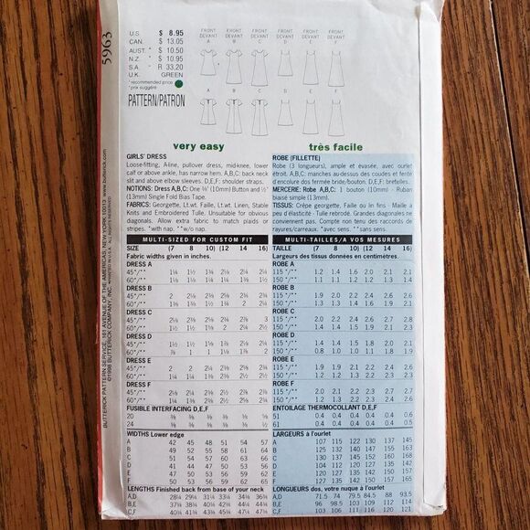 Vintage 90s Butterick Pattern 5963 Uncut Girls Dress Loose A Line Sz 12 14 16 - Picture 3 of 3